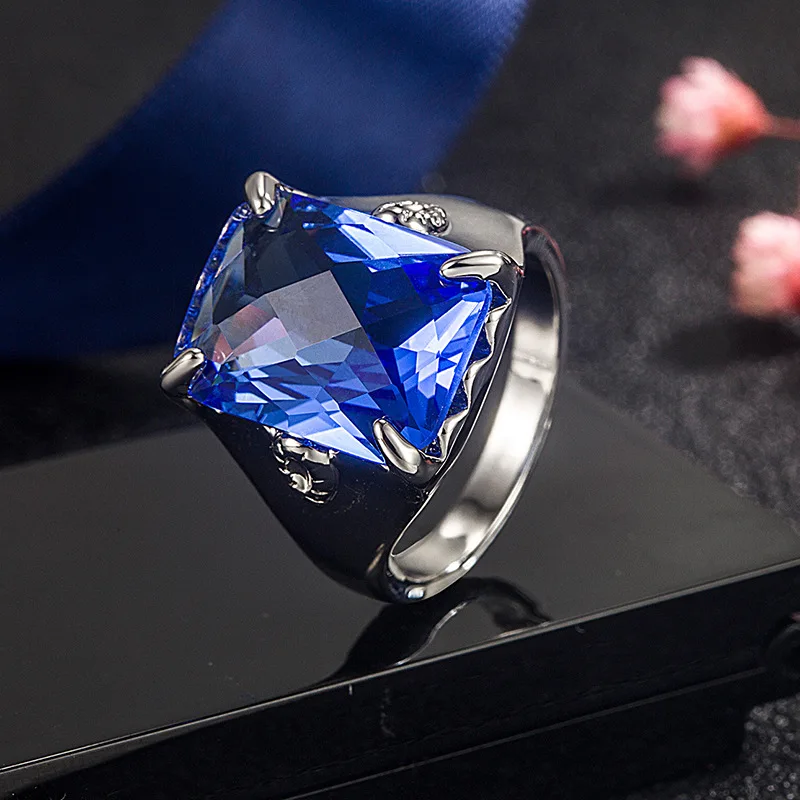 

2022 New Silver Color Inlaid Blue Green Crystal Zircon Rhinestone Female Male Ring for Men Women Wedding Jewelry Accessories