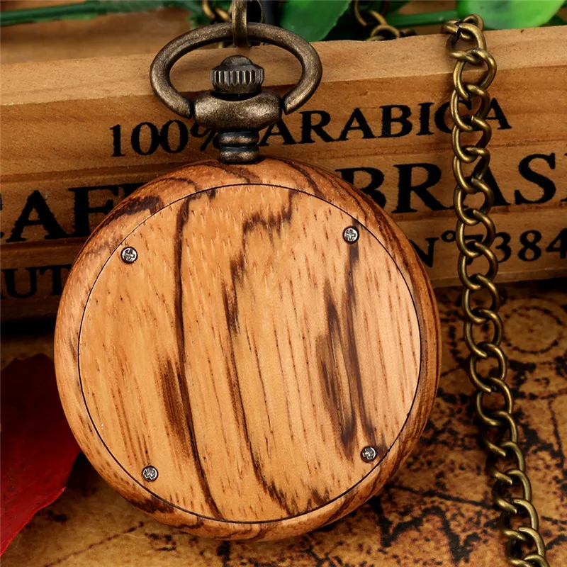 Handmade Nature Wood Pocket Watch Sandalwood Quartz Analog Watches Roman Number Display Clock with FOB Pendant Chain Gift reloj