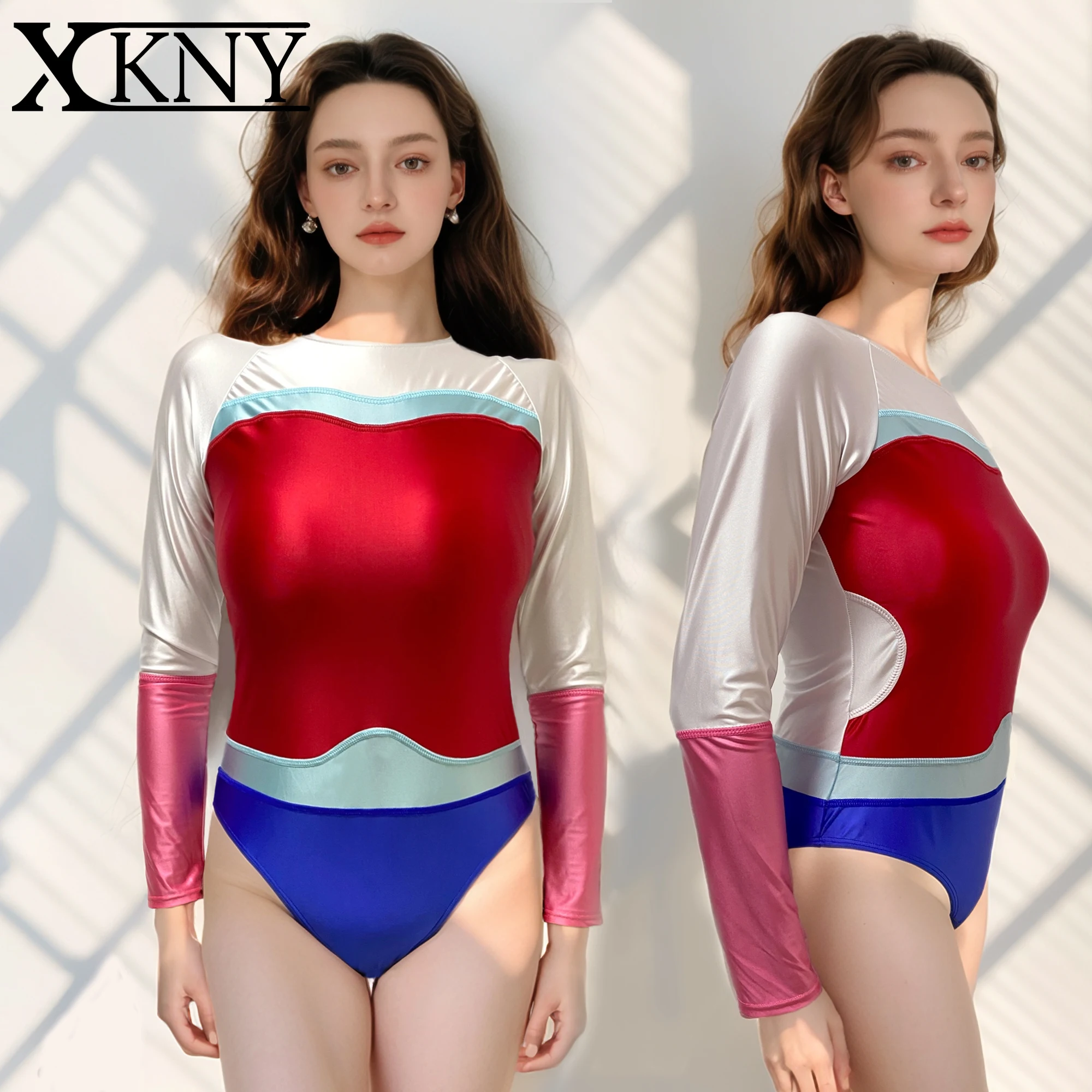 Фото Купальник XClocKNYoung из глянцевого сатина, серия XCKNY Glossiness, с цветовыми блоками, с длинными рукавами, гладкий, для соревнований по серфингу. №3