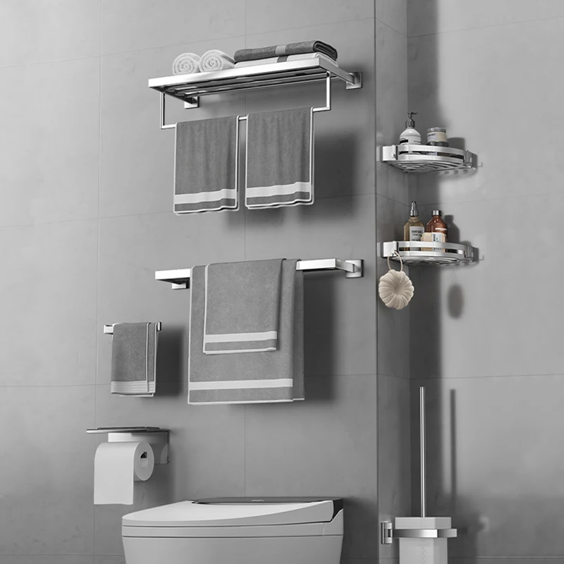 

Non perforated towel rod single and double hanging rod bathroom storage triangle basket toilet brush tissue holder combination s