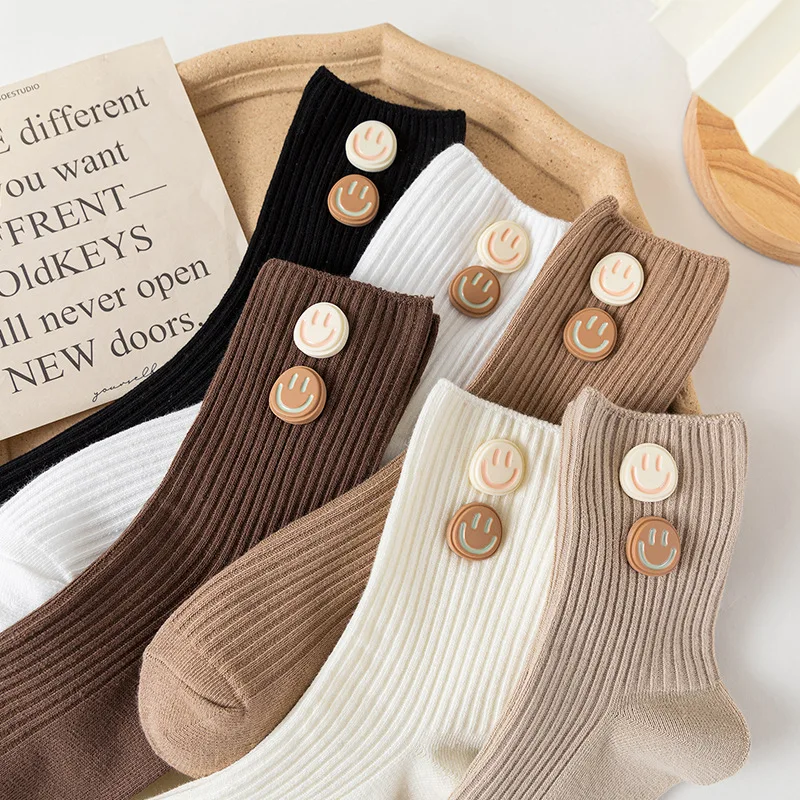 

Socks Female Solid Color Cute Button Smiley Face Socks Korea Ins Tide Double Needle Cotton Pile Socks Autumn and Winter New