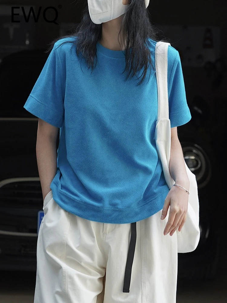 

Модный пуловер EWQ корейской версии, женская футболка с круглым вырезом, Короткие Длинные повседневные свободные топы, весна-лето 2023, новинка...