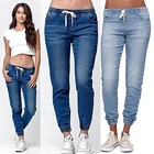 Женские повседневные брюки-джоггеры, джинсы на завязках с эластичной талией, однотонные женские джинсовые брюки