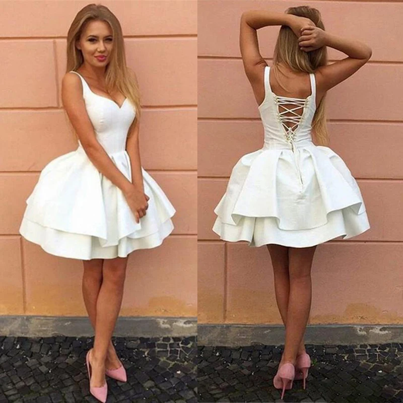 

New Arrival 2022 Sexy V Neck Ivory Short Dress Custom Made Ball Gown Mini Cross Straps Back Cocktail Dresses