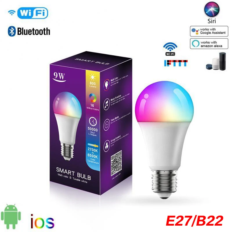 

9W LED Wifi Bulb Smart Bulb LED Smart Light RGB CW Dimmable Magic Bulb Smart Lamp Alexa/Google Assistant E27 B22 110V 220V
