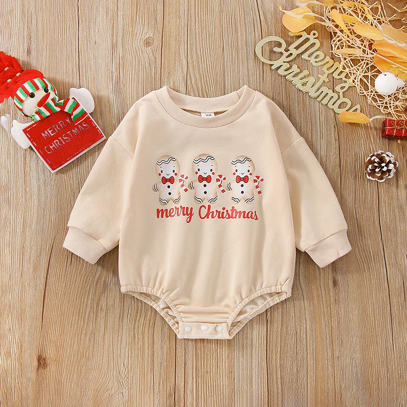 

Рождественский комбинезон с длинным рукавом для маленьких девочек, комбинезон с круглым вырезом и принтом пряника/чашек, Одежда для новоро...