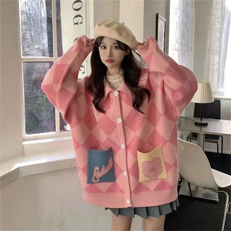 

Cardigan Women Knitted Diamond Loose Sweater Loose Students Lovely Korean Fashion Winter Lazy Style Tops Vintage Kawaii Clothing
