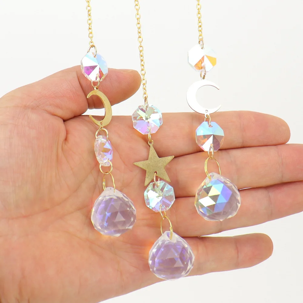 Handmade Sun Catcher Natural 7color Chakra Stone Hollow-out Stars With Alloy Moon Colorful Glass Crystal Pendant Christmas Gift