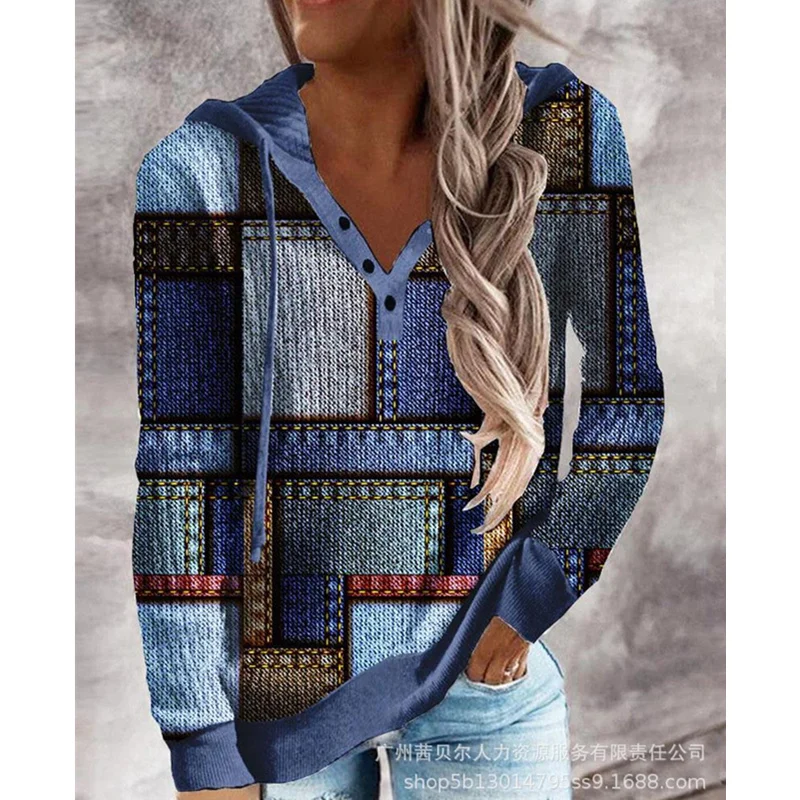 

Толстовка Женская с длинным рукавом, Модный повседневный Свободный свитшот с капюшоном, имитация денима, на пуговицах, с принтом, на каждый день