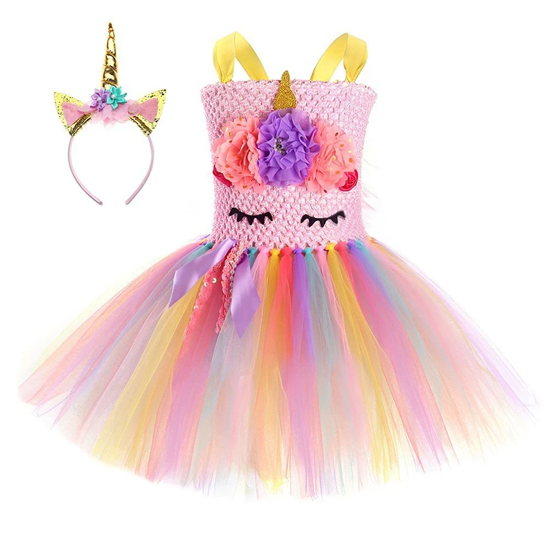 

Flowers Unicorn Girls Dress Cute Cartoon Princess Dress Kids Crochet Tulle Tutu Dress Christmas Birthday Party Ball Gown 1-8 Yrs