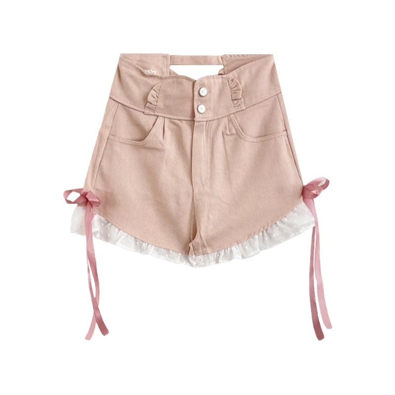 2023 New Summer Sweet Bow Stitching Women's Casual Shorts Pants Contrast Color A- Line High Waist Slimming Pink Denim Shorts