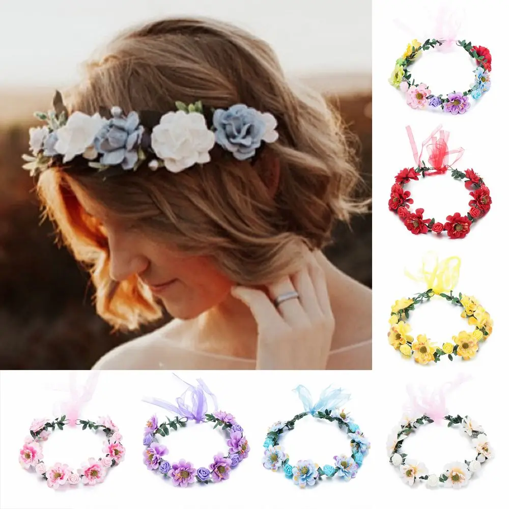 

Fashion Bohemia Garland Rose Flower Crown Women Headbands with Adjustable Ribbon Girls Floral Wreath Bridal Halo Headpiece