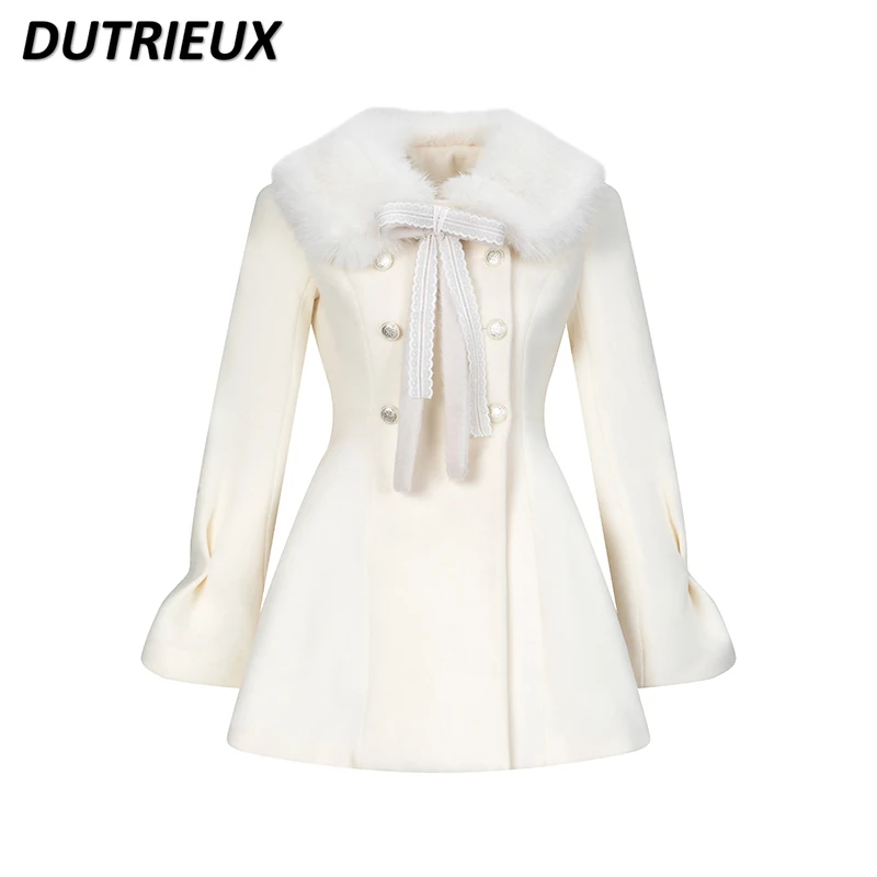 Осенне-зимнее новое шерстяное пальто с меховым воротником на талии милое