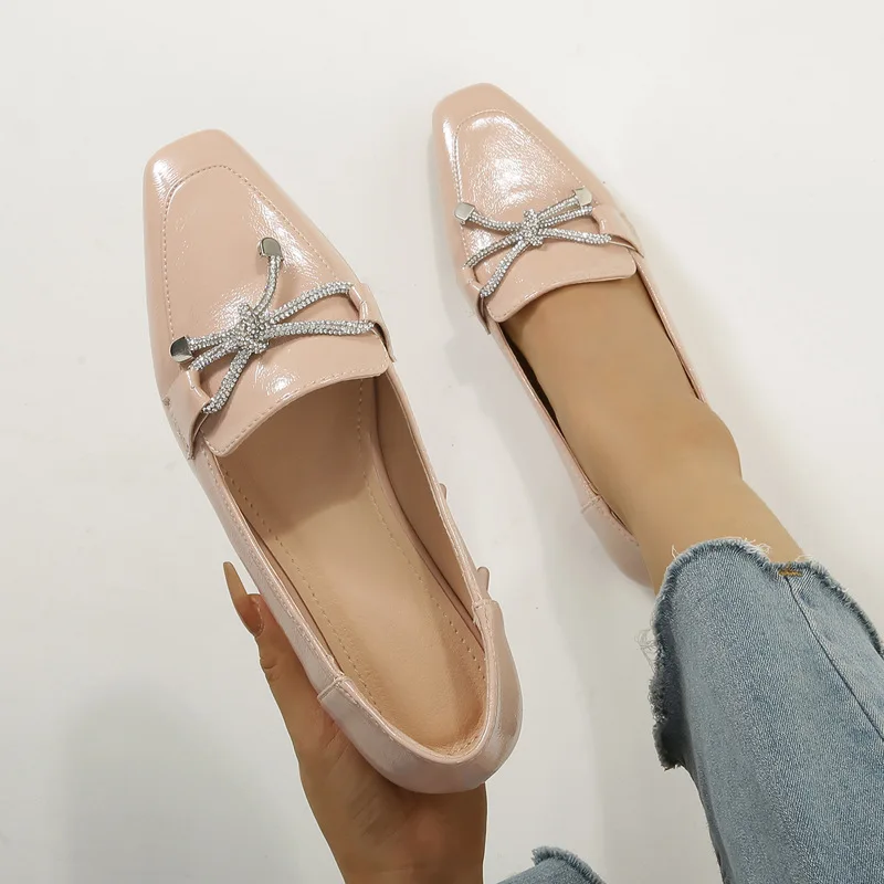 Plus Size 36-42 Crystal Bow-knot Flats Shoes Women Loafers  Square Toe Soft Leather Fashion Design Shoes Ladies Loafers Woman