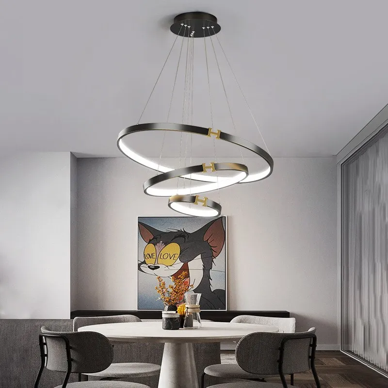 

living room chandelier modern LED simple personality creative black dining table lamp bedroom round wrought iron lighting