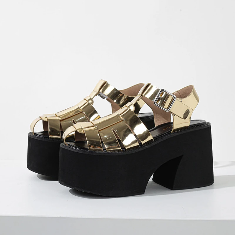 Chunky Platform Sandals Women Block Heels 10CM High Heel Closed Toe Roman Shoes Black Gothic Punk Sandals Buckle Strap Size 43