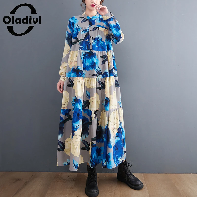 

Oladivi Women Big Maxi Dress Fashion Floral Printed Long Sleeve Casual Loose Dresses 2022 Spring New Oversized Clothes 9863 5XL