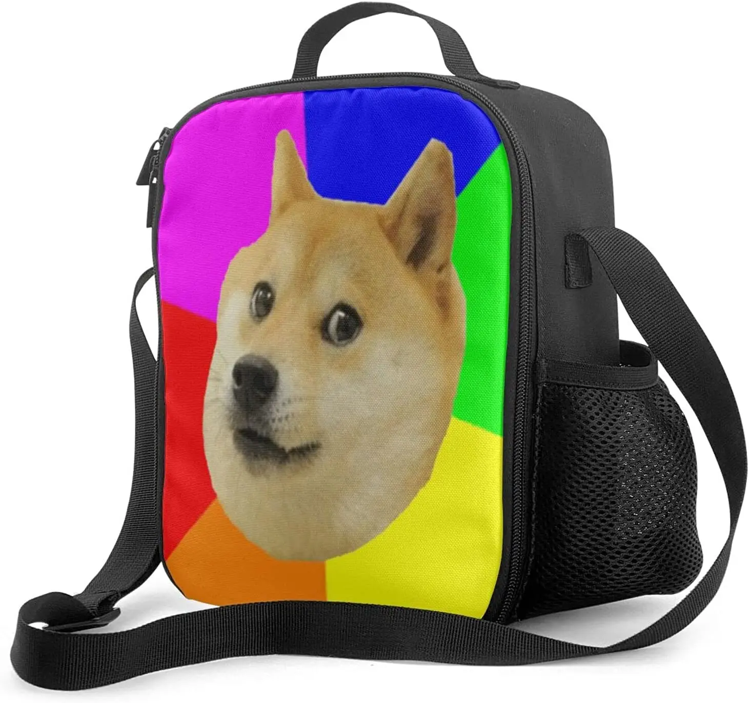 

Rainbow Doge Lunch Bag Reusable Tote Lunch Box with Water Bottle Holder and Adjustable Shoulder Strap for School Office Picnic