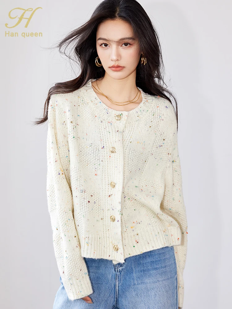 

H Han Queen Autumn Winter Korean O-Neck Knitted Cardigans Sweater For Women Tops Basic Fashion Buttons Long Sleeve Sweaters Tops
