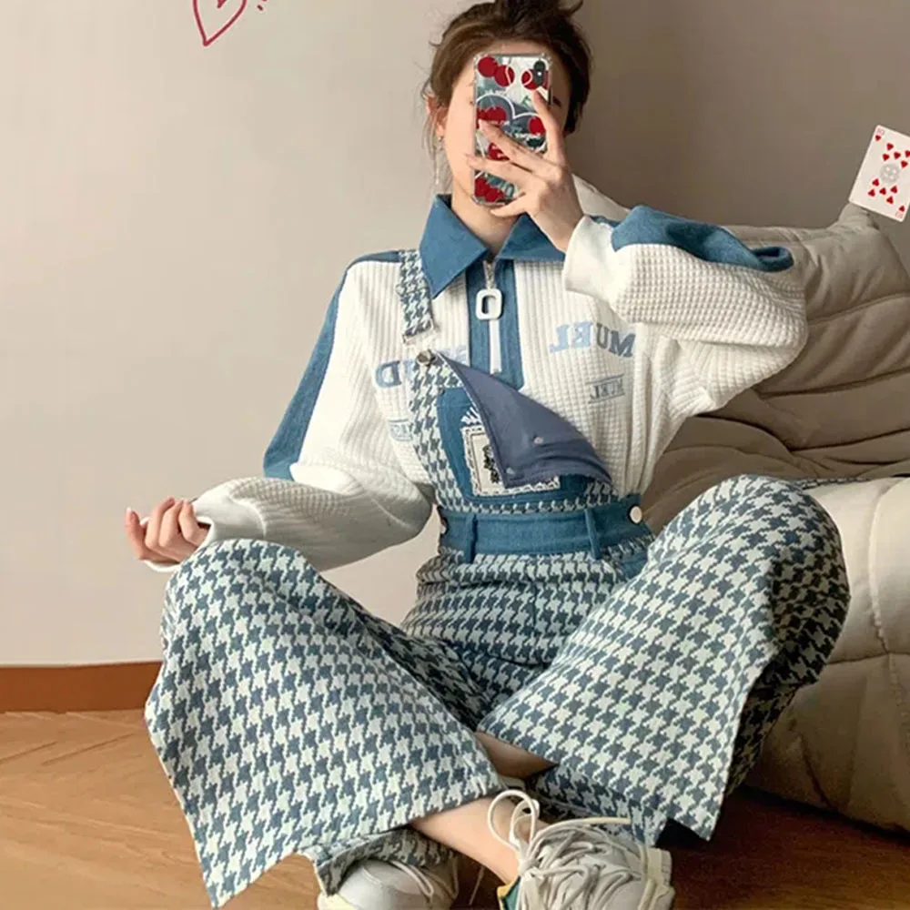 

Женский джинсовый костюм с длинным рукавом, элегантный повседневный костюм из куртки с капюшоном и брюк, белый спортивный костюм из двух предметов в стиле пэчворк