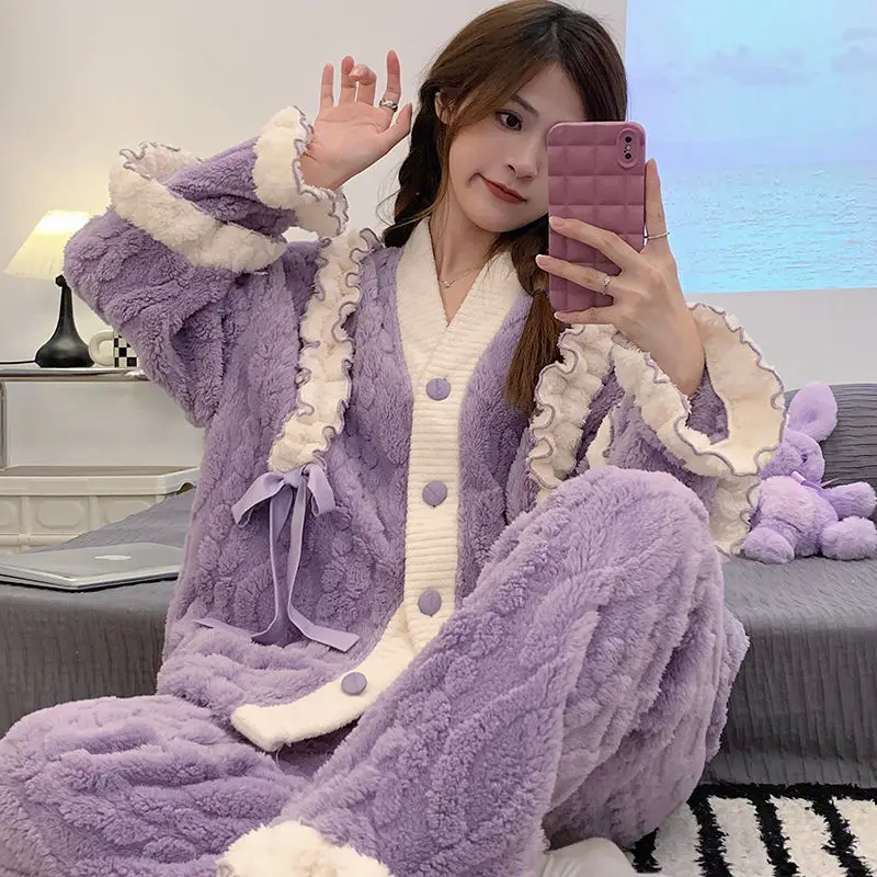 

Ruffles Women Pajamas Set for Women Fleece Sleepwear Korean Suit Winter Piiama 2 Pieces Pyjamas Button Tie Cute Night Wears New