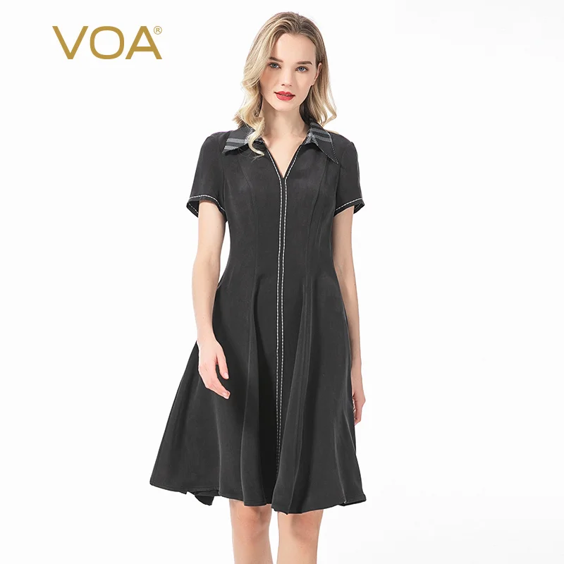 

VOA Black 30m/m Heavyweight Silk Jacquard Dresses Women Lapel White Arch Pin Pleated Waist Short Sleeve Slim Summer Dress A207