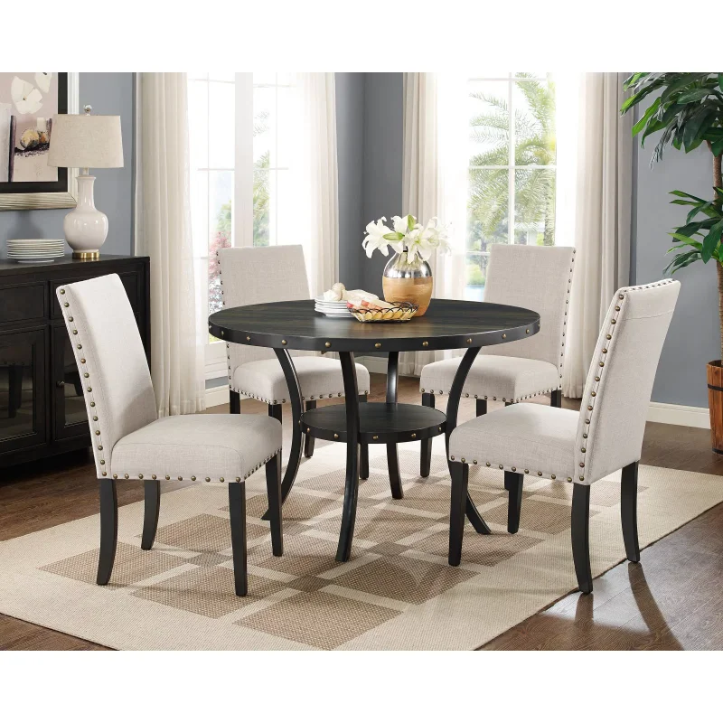 Roundhill Furniture Biony Espresso Wood Dining Table with 4 Tan Fabric Nailhead Chairs, 30.75 1