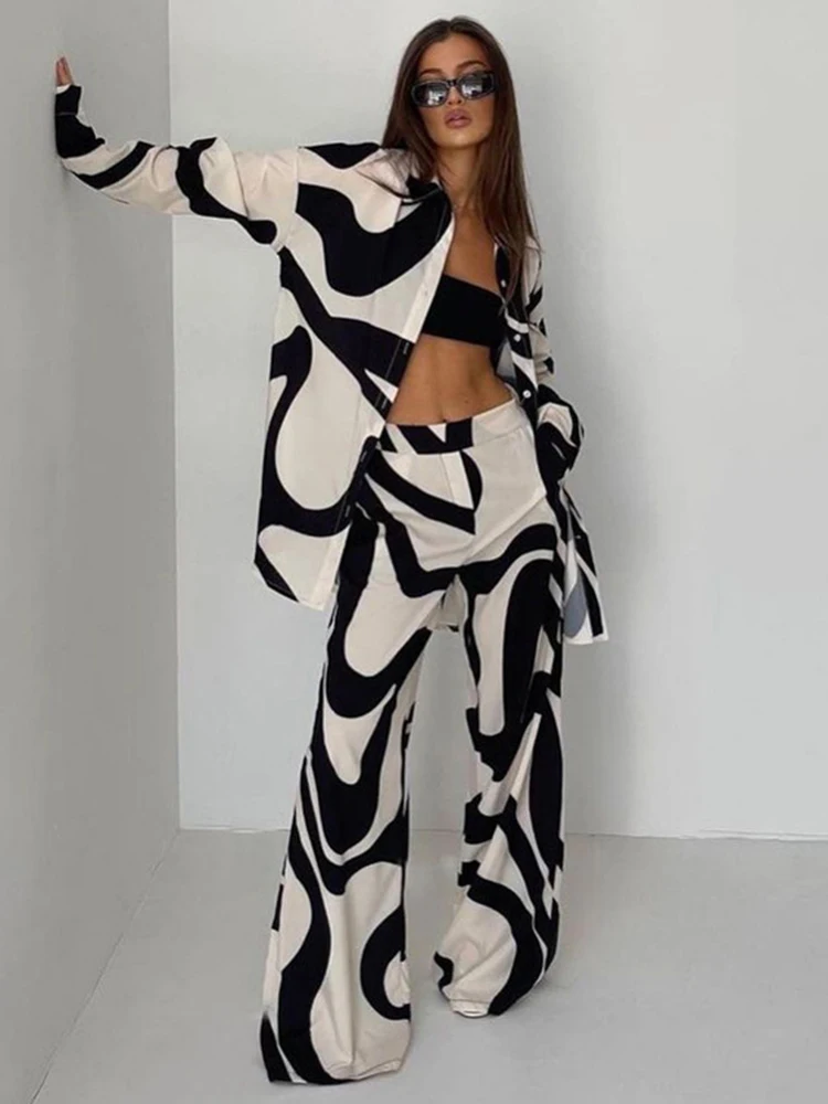 

Striped Classic Blouses Set Women Spring Graphic Blouse With Wide Leg Long Pant Suit Streetwear Vintage Casual 2 Piece Stes 2023