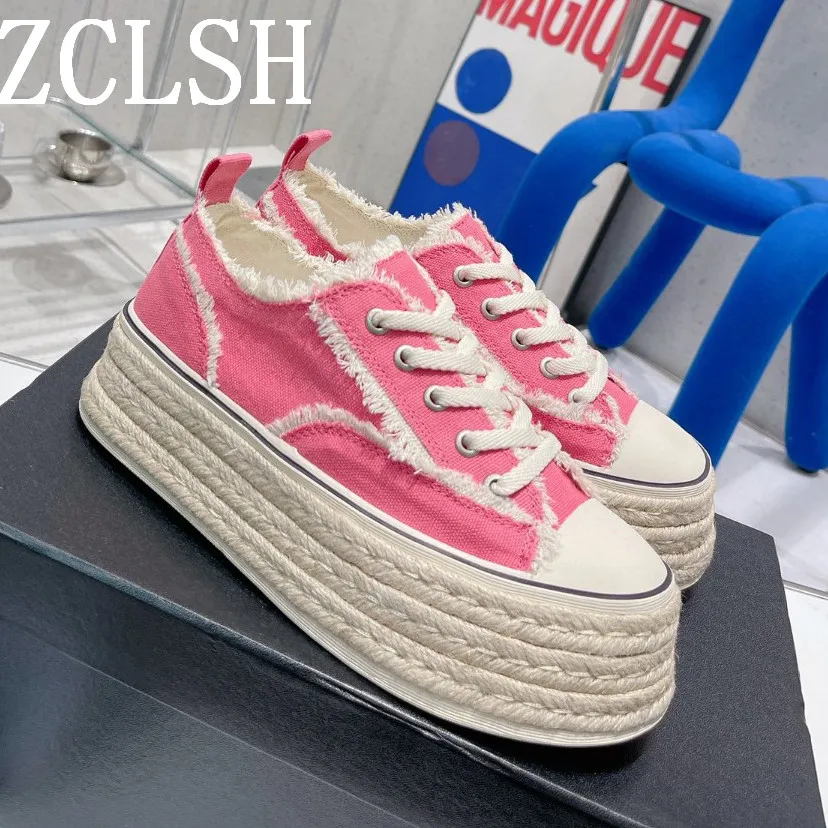 

Lace Up Women Canvas Shoes Round Toe Cane Braid Platform Ladies Loafers Brand Designer Summer Out Walking Shoes Woman Handmade