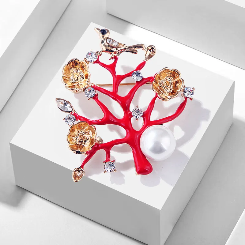 

TULX Red Enamel Flower Tree Brooch Pin Rhinestone Bouquet Clothes Clip Elegant Plum Blossom Brooches And Pins For Women