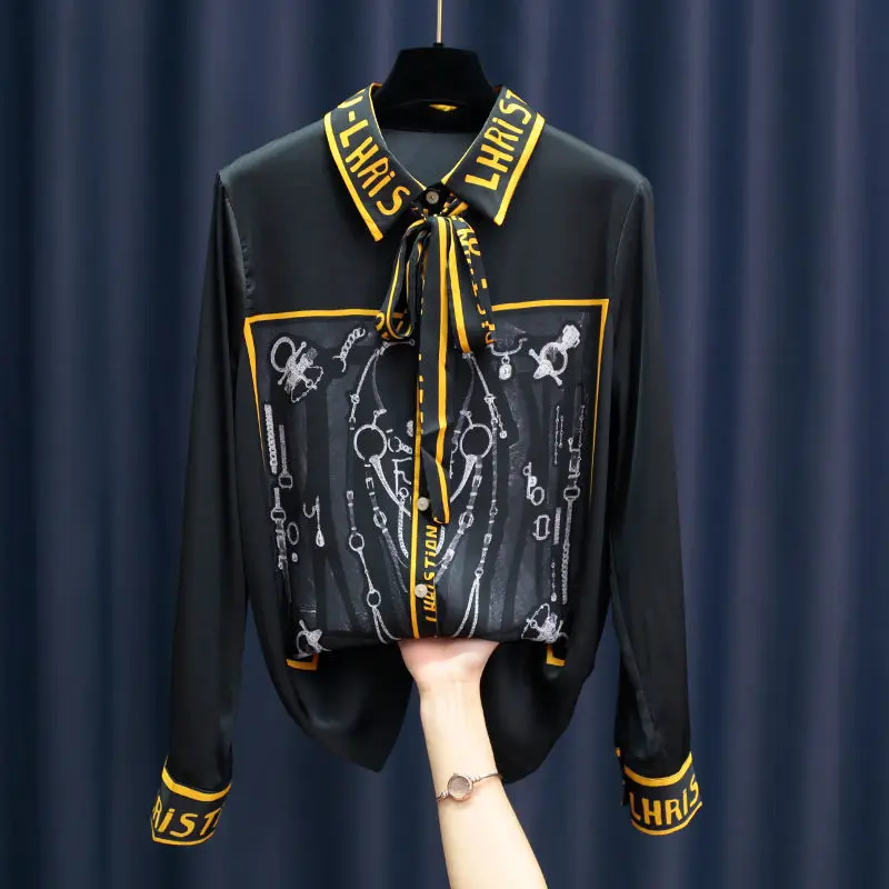 

Женская атласная рубашка с принтом, универсальная рубашка в западном стиле с отложным воротником и лентой контрастных цветов, весна-осень