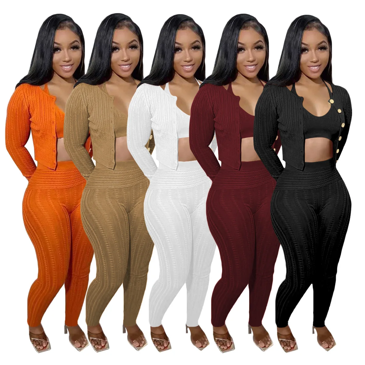 

Knitted Outfits For Women Skinny 3 Piece Set Backless Halter Crop Top High Waist Pants Cardigan Sweat Suit Casual Clothing Tight