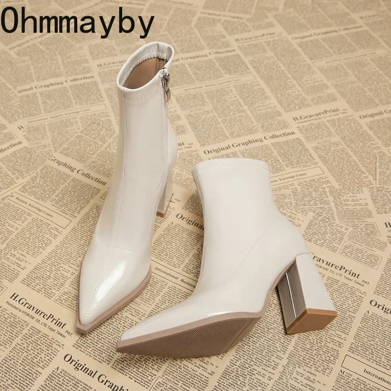 Женские ботильоны на молнии сбоку с острым носком толстом каблуке