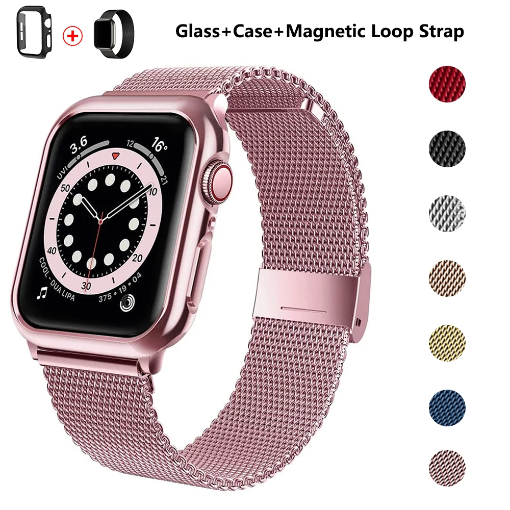 

Glass+Case+Strap for Apple watch band 45mm 44mm 42mm 41mm 40mm 38mm Metal Magnetic loop Bracelet iwatch Series 8 7 6 5 3 se Band