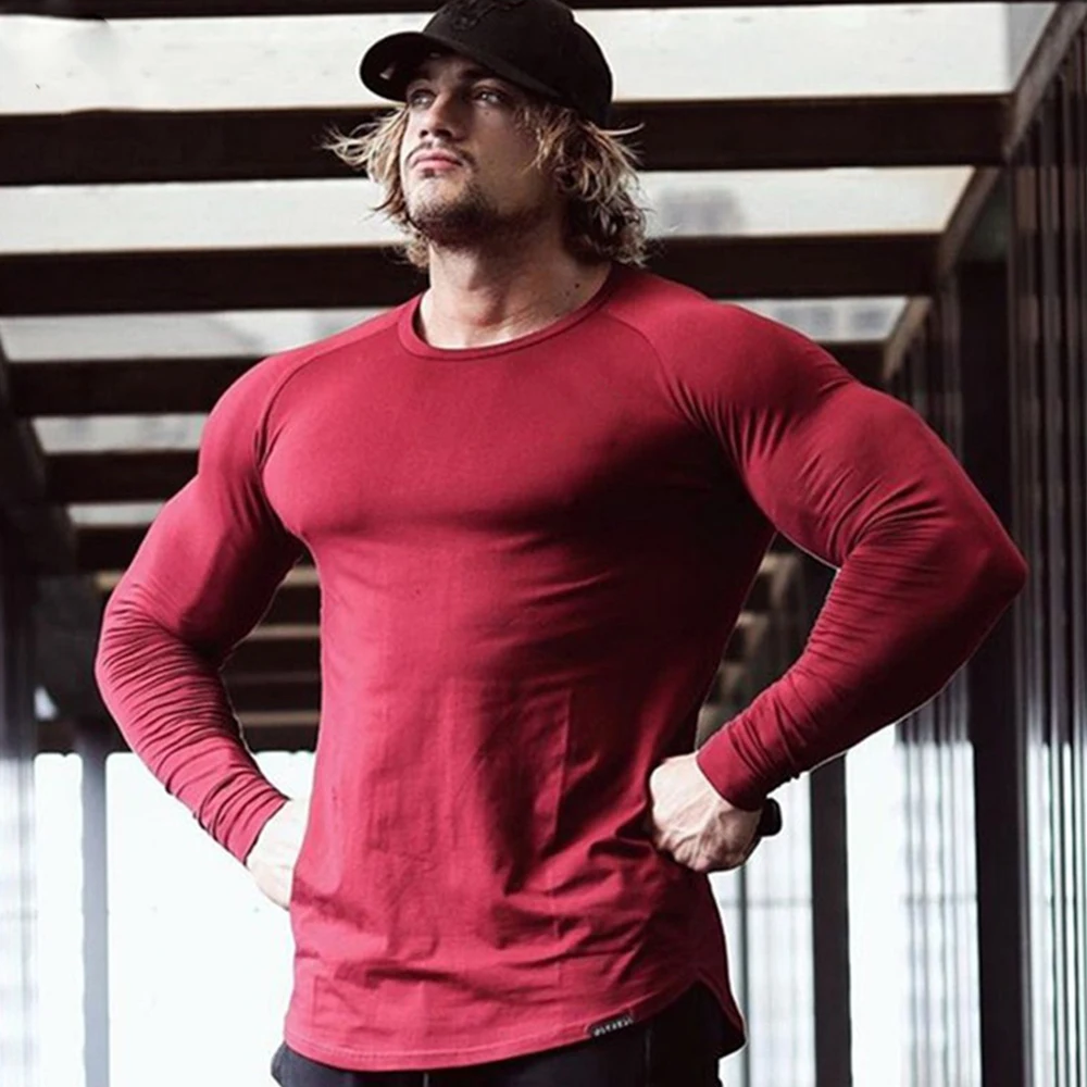 Men Cotton Muscle Fit Crew Neck T Shirt Gym Athletic Fit Long Sleeves Tee Top Longline T-Shirt Workout Hipster Shirt Curved Hem