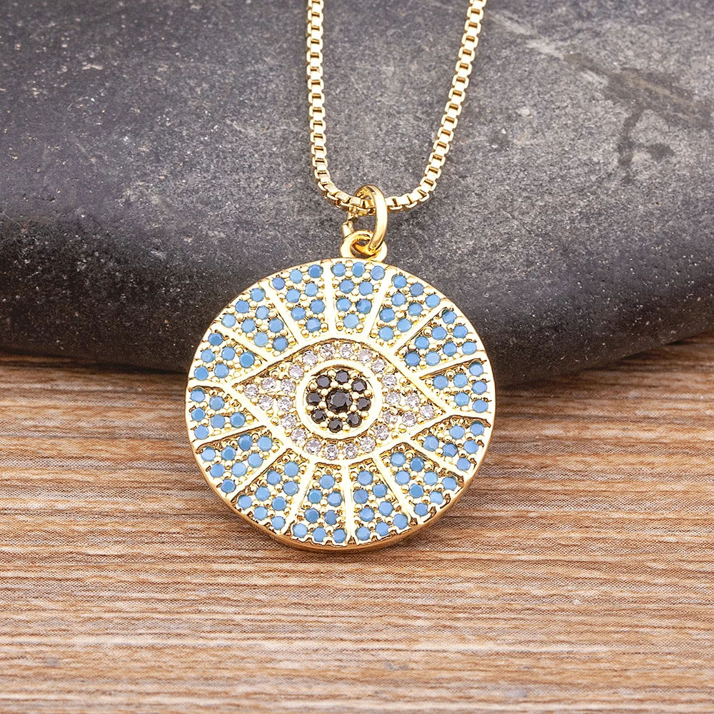 

Nidin Turkish Evil Eye Round Shape Blue Zircon Jewelry Necklace Pendant Trendy CZ Stone Hamsa Hand Accessories Collier Femme