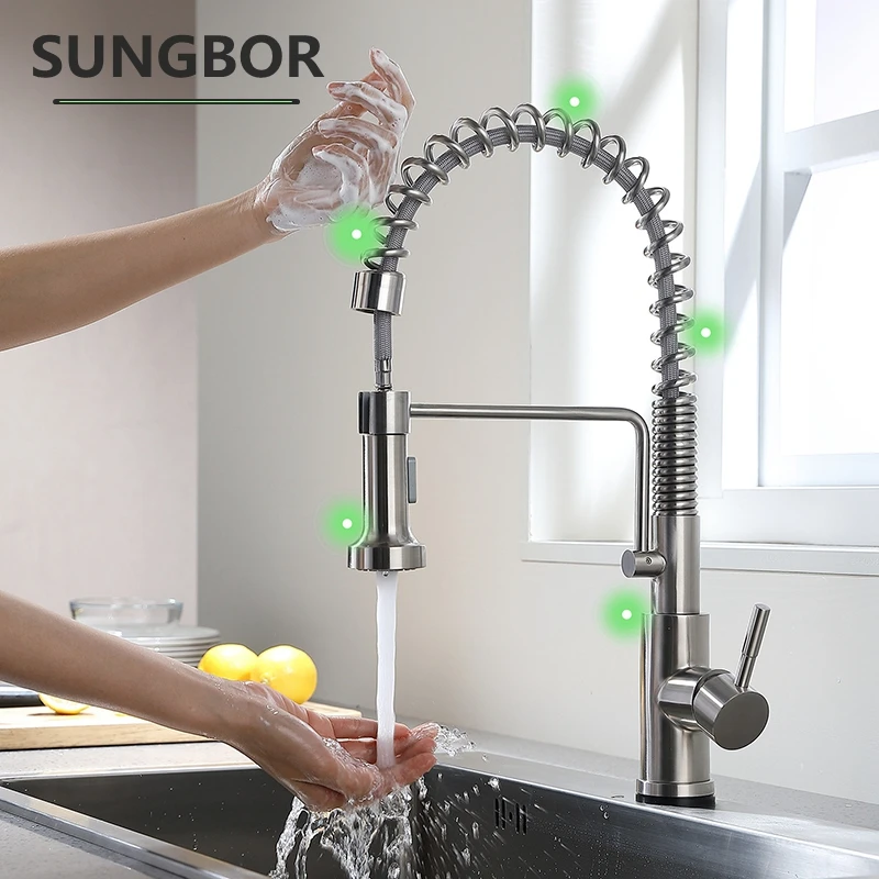 

Матовый никелевый умный сенсорный смеситель для кухни с поворотом на 360 градусов, пружинный смеситель, умный сенсорный кухонный кран, выдвижной сенсорный смеситель для горячей и холодной воды