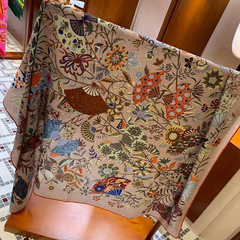 70% Cashmere 30% Silk Scarf Women Thin Shawl Fashion Boho Style Flower Print Kerchief Stole Blanket Bandana 135*135cm