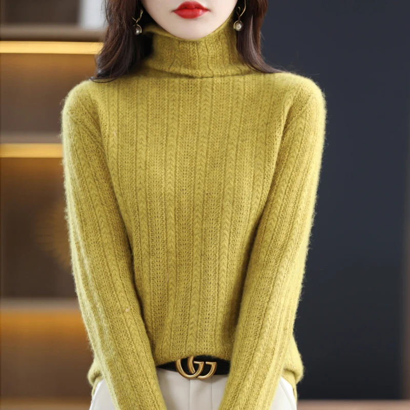Basic Green 100% Wool Oversized Sweater for Women Pullovers Turtleneck Winter Women's Knitted Top Warm Soft Girl Baggy Sweaters