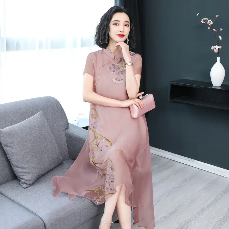 

Elegant Improved Qipao Chinese Style Dress For Women Traditional Cheongsam Summer New Retro Loose Silk Skirt Thin Dresses Female