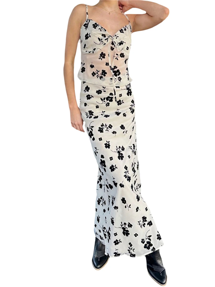 

Wsevypo летние комплекты из 2-х предметов с цветочным принтом женская кофта на шнуровке с V-образным вырезом + длинная юбка в обтяжку пляжные костюмы