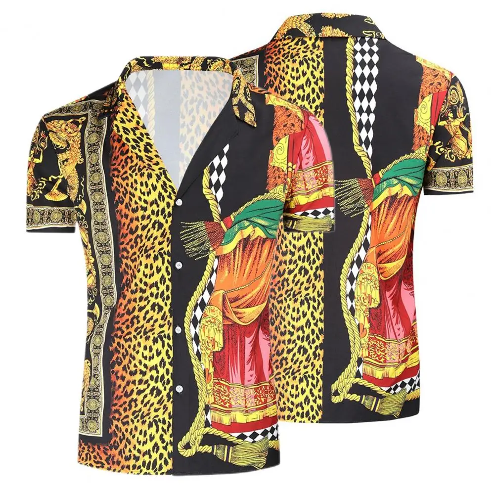 

Summer Tops Thin Men Shirt Turn-down Collar Leopard Pattern Men Tops