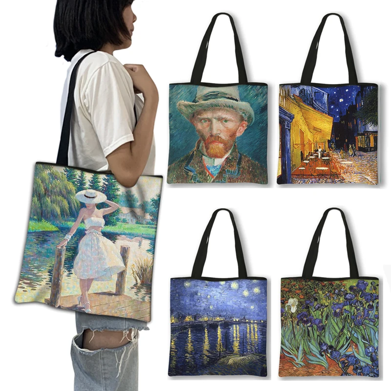 

Van Gogh Cafe In Arles / Starry Night / Sunflower Oil Painting Women Handbag Ladies Portable Tote Bags Fashion Shopping Bag Gift