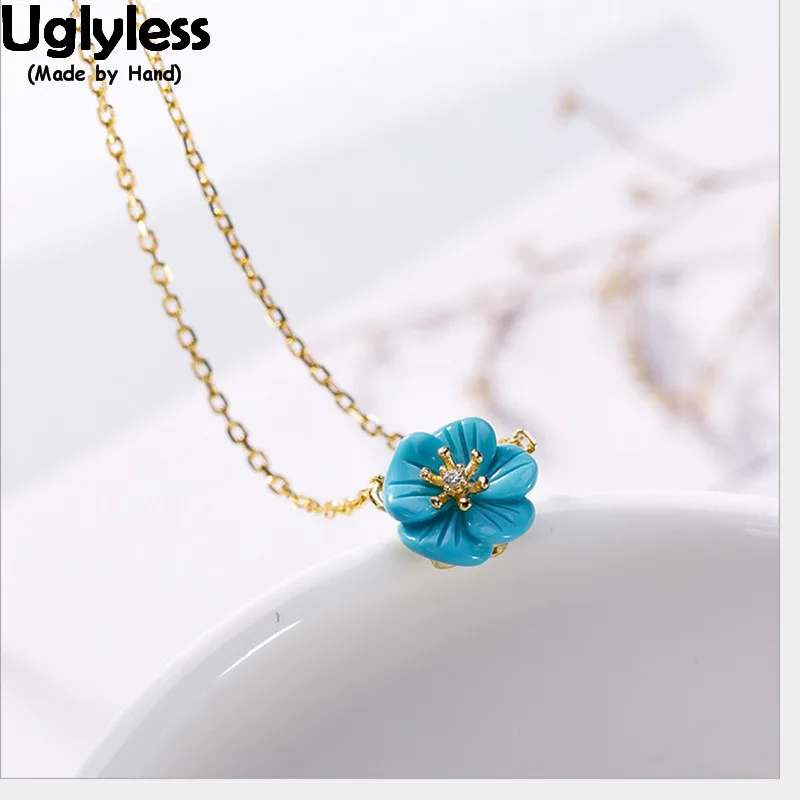 

Uglyless Real 925 Sterling Silver Natural Turquoise Flower Chokers for Women Bohemia Necklaces Gold Floral Pendants With Chains