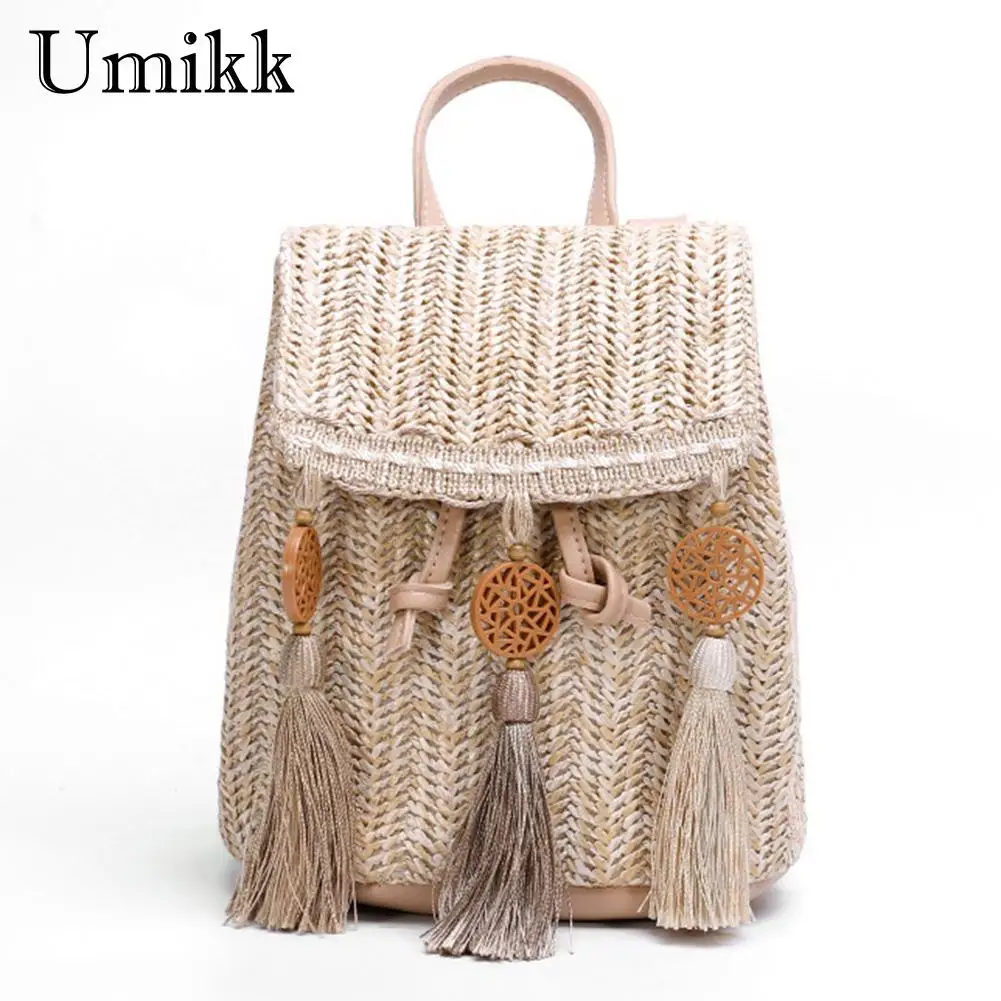 

Женский соломенный рюкзак на плечо с кисточками, летняя пляжная кожаная плетеная Сумка-мешок в стиле бохо, школьная сумка, праздничный женс...