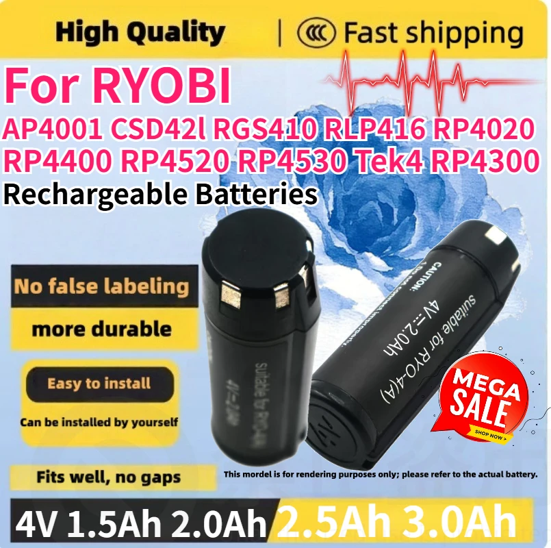 Фото Высококачественный аккумулятор 4V 1.5Ah 2.0Ah 2.5Ah 3.0Ah для RYOBI AP4001 CSD42l RGS410 RLP416 RP4020 RP4400 RP4520 RP4530 Tek4 RP4300 №1