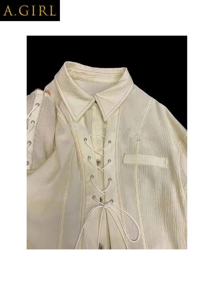 

A GIRLS Spring Women Lapel Soft Cozy Loose Shirt Korean Vintage Tie Up Female Oversized Harajuku Streetwear Style Blouses