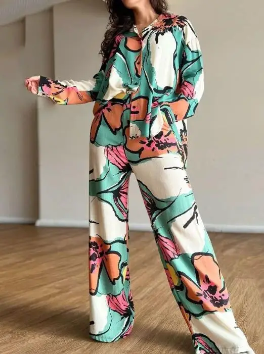 

Fashion Ladies Two-Piece Spring 2023 Printed Commuter Single Breasted Long Sleeve Shirt and Casual High Waist Wide Leg Pants Set