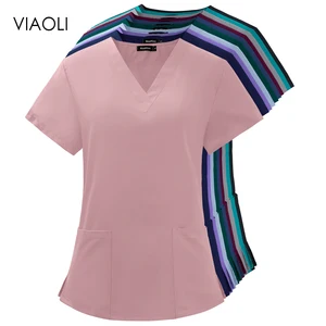 Women V Neck Nurse Uniform Short Sleeve thin wholesale Pocket Tops Nursing Working Uniform Shirts V-neck Pocket Women Clothes