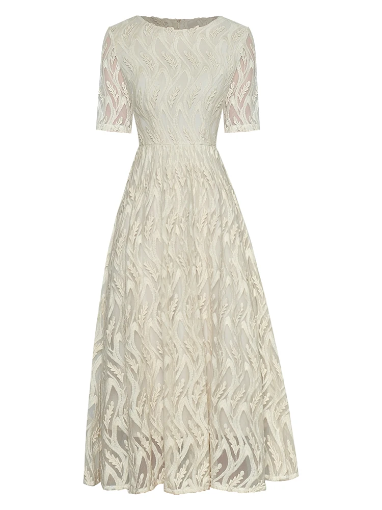 

Designer Fashion Spring Summer New High Quality Women's Party Casual Embroidery Short Sleeves Vintage Elegant Midi Dress